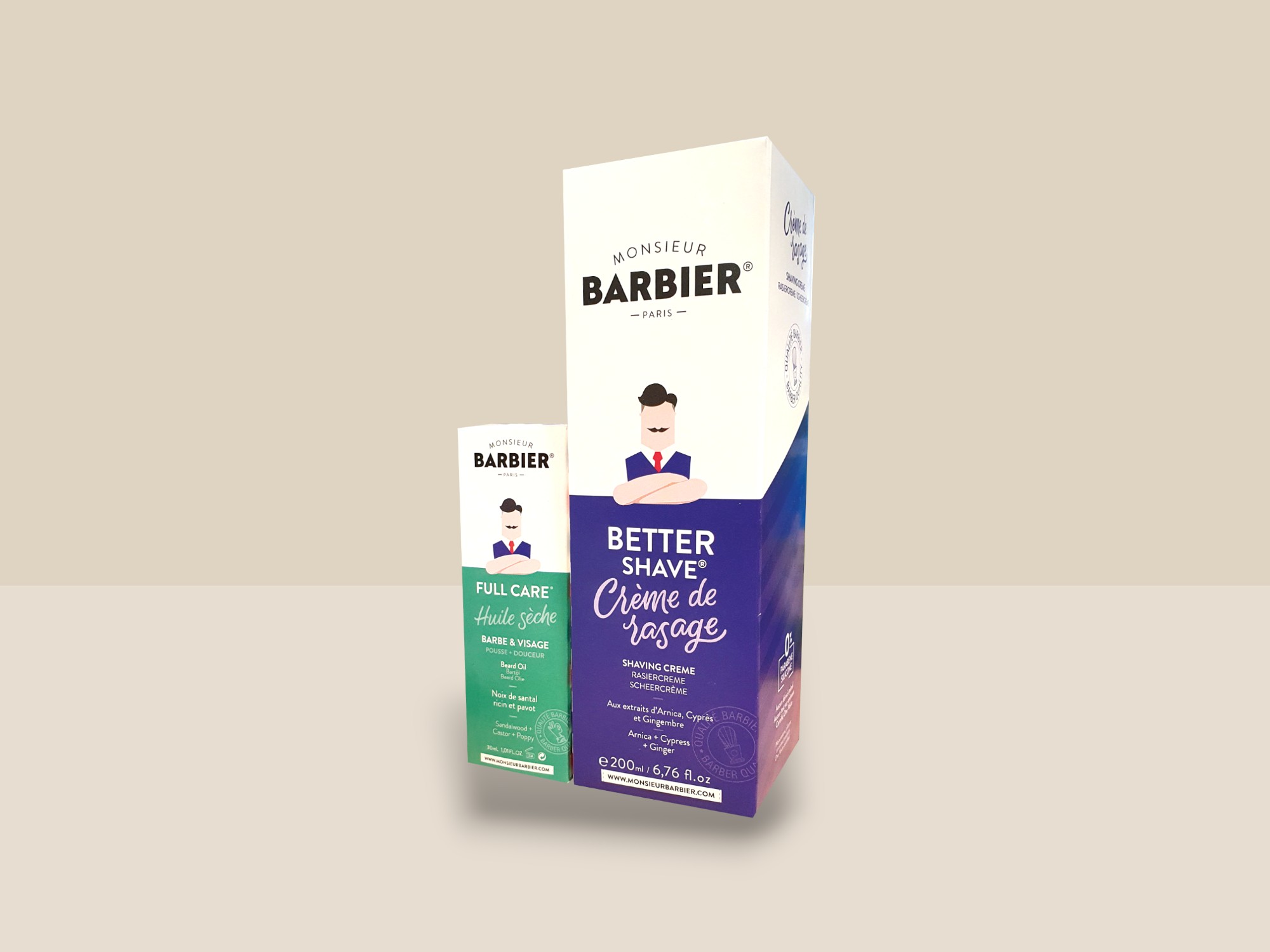 L'image montre deux produits de la marque Monsieur Barbier. Le premier est une boîte verte intitulée 