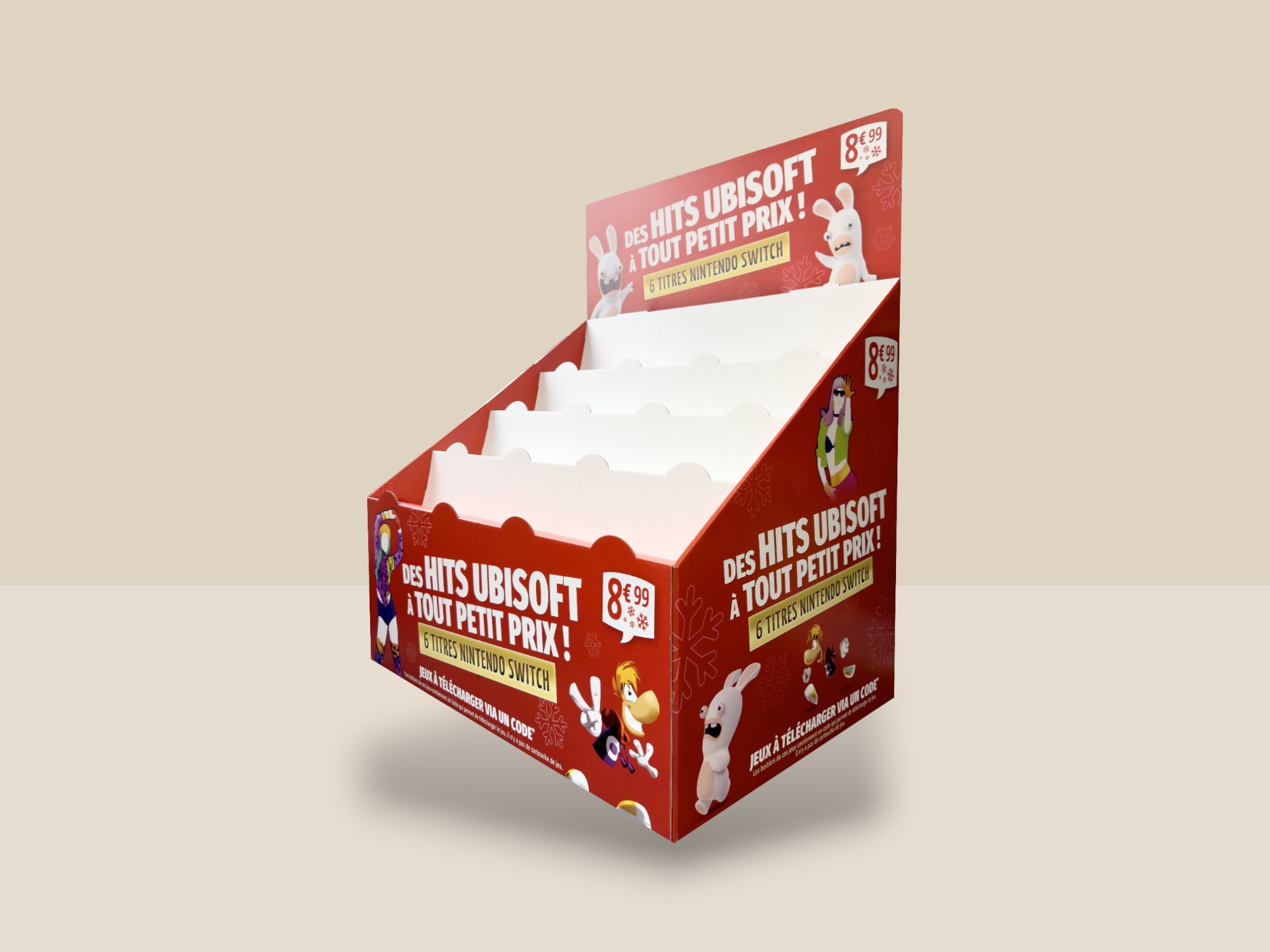 PLV Box 4 marches rouge et blanc avec des illustrations de lapins crétins pour des jeux nintendo switch de chez Ubisoft.